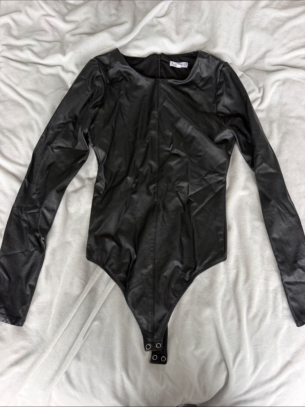 Good American Black Faux-Leather Long Sleeve Bodysuit